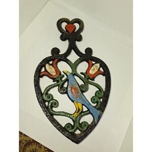 Vintage Cast Iron Trivet Bird Themed Painted Dove FOLK ART Blue Bird